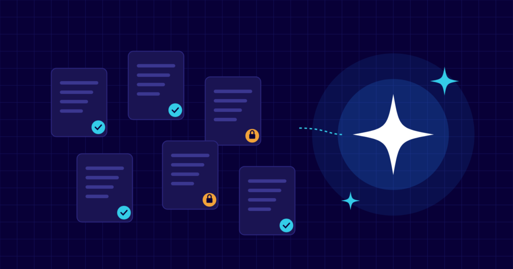 Illustration of documents with checkmarks and padlocks connected to a Copilot sparkle, representing data access and permissions