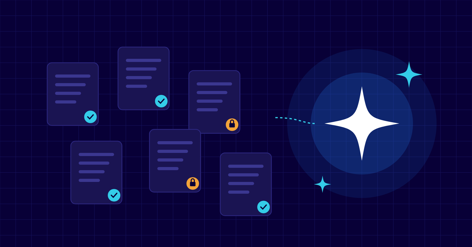 Illustration of documents with checkmarks and padlocks connected to a Copilot sparkle, representing data access and permissions
