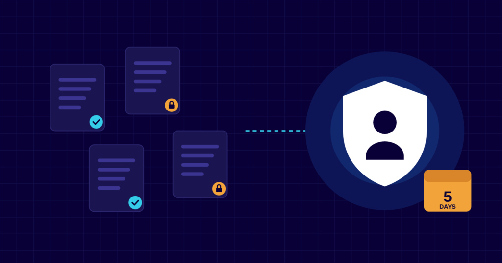 Illustration of documents with padlocks and checkmarks beside a shield with a person icon and a five-day calendar