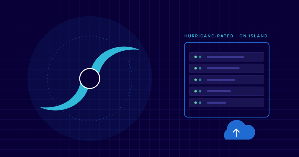 Illustration of a hurricane symbol beside a server rack in a hurricane-rated data centre, with a cloud backup icon