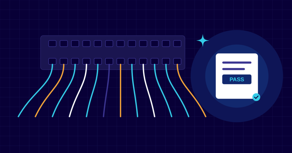Illustration of a network patch panel with colour-coded cables and a test report marked PASS