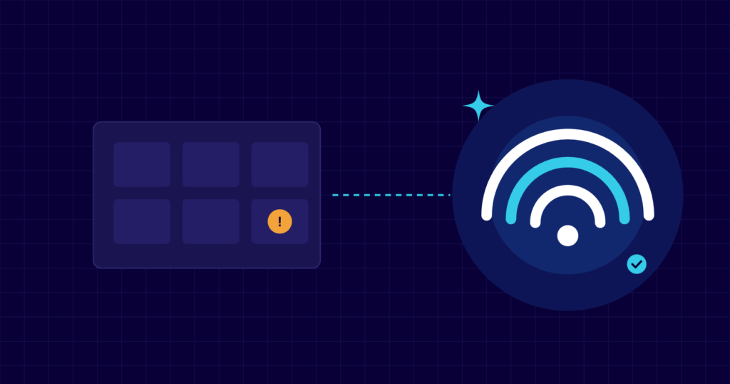 Illustration of an office floor plan with a dead spot warning beside a strong Wi-Fi signal icon