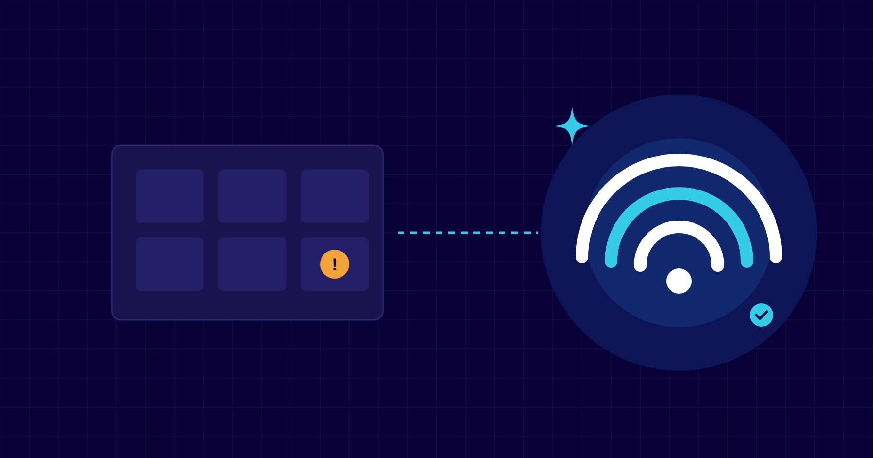 Illustration of an office floor plan with a dead spot warning beside a strong Wi-Fi signal icon