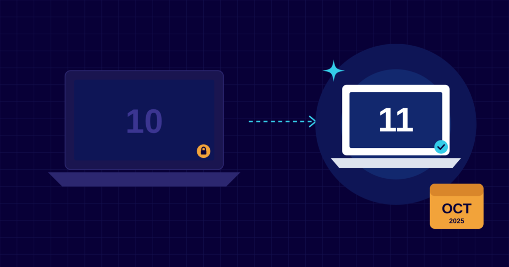 Illustration of a locked laptop showing 10 with an arrow to a laptop showing 11 and a calendar reading October 2025