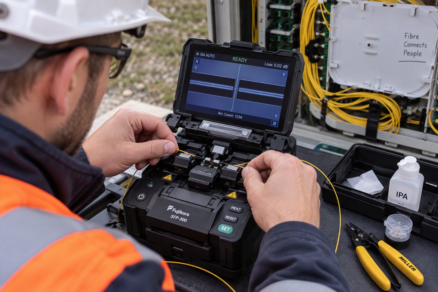 CNS technician fusion splicing fibre optic cable beside an open fibre cabinet